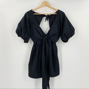 NEW FP Puff Sleeve Tie Mini V Neck Dress